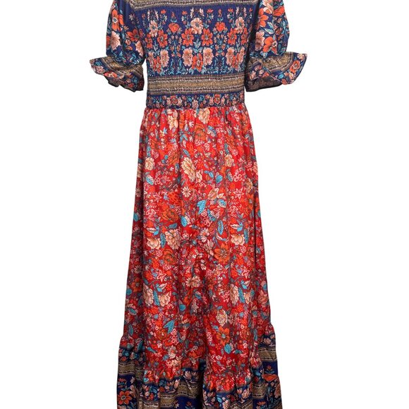 NEW Bohemian Large Floral Boho Maxi Dress Smocked Bodice & Puff Sleeves - Picture 8 of 12